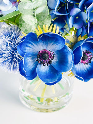 Blue French Country Anemone Thistle Hydrangeas Floral Faux Artificial Arrangement, Centerpiece Floral Flower Decor, Silk, Real Touch Flowers