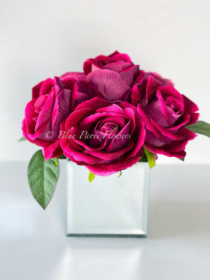 Magenta Large Head Roses Arrangement, Artificial Faux Centerpiece