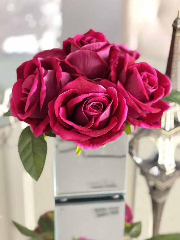 Magenta Large Head Roses Arrangement, Artificial Faux Centerpiece