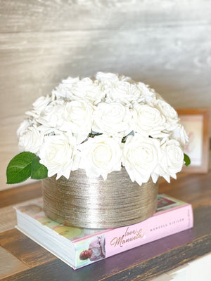 40 Real Touch White Roses Arrangement in Silver Vase, French Country Artificial Flowers, Realistic Faux Floral Home Decor