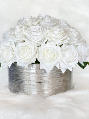 40 Real Touch White Roses Arrangement in Silver Vase, French Country Artificial Flowers, Realistic Faux Floral Home Decor