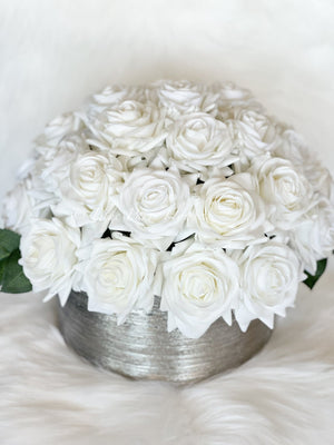 40 Real Touch White Roses Arrangement in Silver Vase, French Country Artificial Flowers, Realistic Faux Floral Home Decor