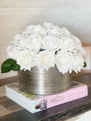 40 Real Touch White Roses Arrangement in Silver Vase, French Country Artificial Flowers, Realistic Faux Floral Home Decor