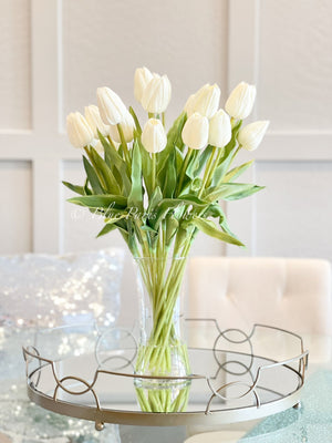 20” White Real Touch Tulips Modern Arrangement Centerpiece | Real Touch Artificial Faux Forever Flowers