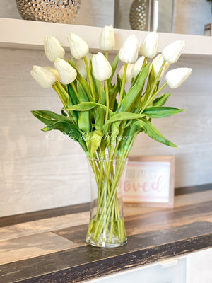 20” White Real Touch Tulips Modern Arrangement Centerpiece | Real Touch Artificial Faux Forever Flowers