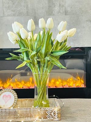 20” White Real Touch Tulips Modern Arrangement Centerpiece | Real Touch Artificial Faux Forever Flowers