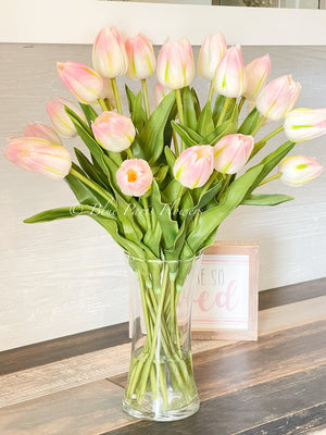 20” Blush Pink Real Touch Tulips Modern Arrangement Centerpiece | Real Touch Artificial Faux