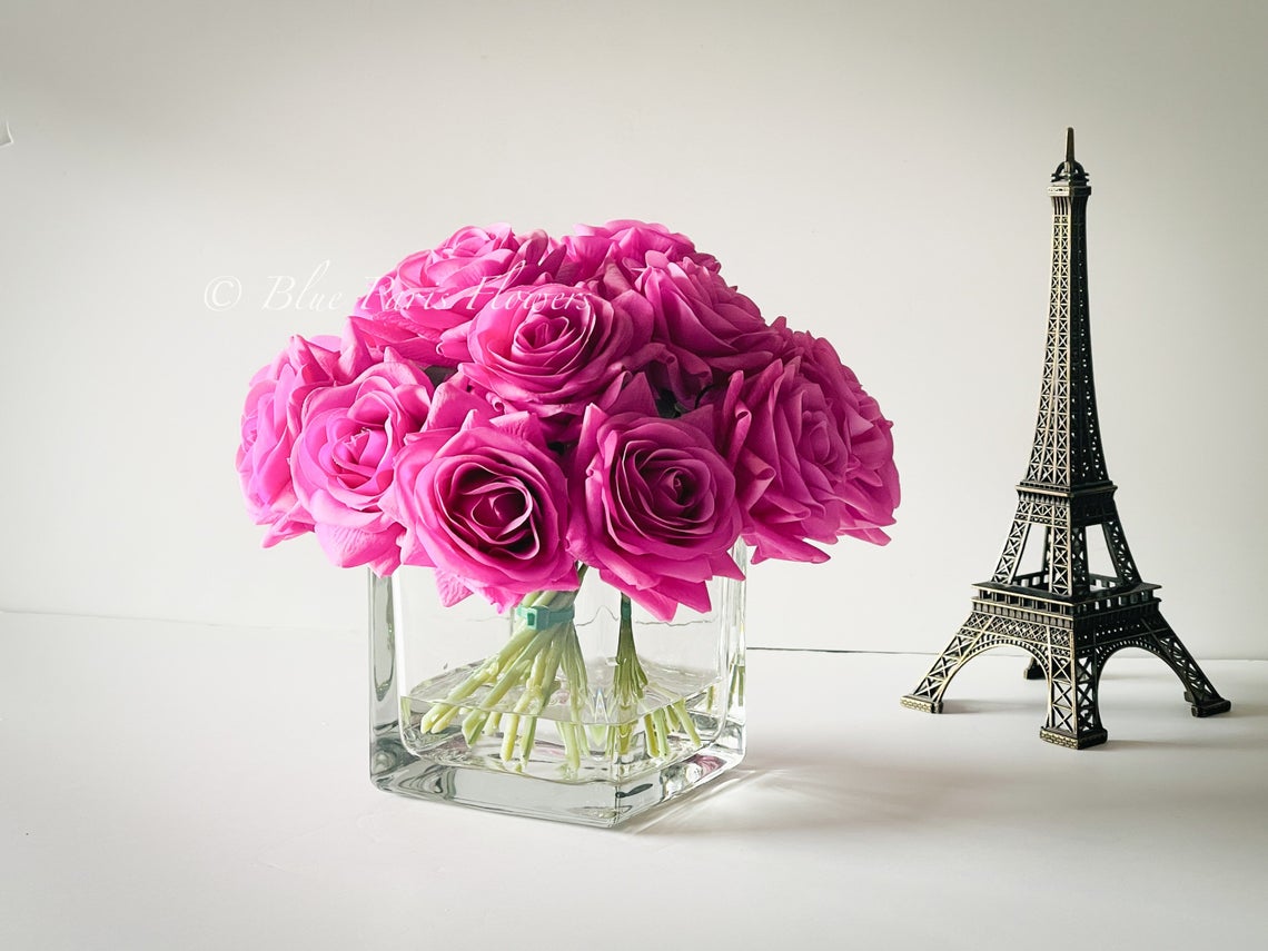 Magenta French Roses Real Touch Magenta Roses Arrangement in Vase, French Country Artificia ...