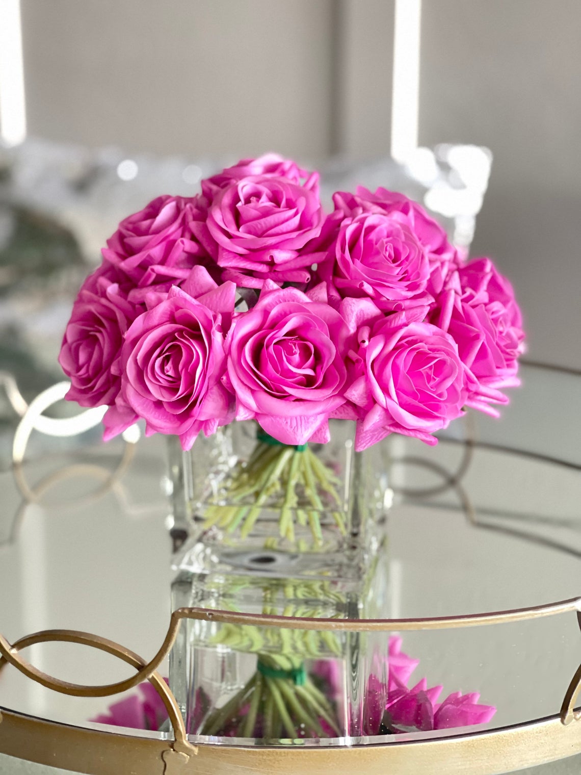 Magenta French Roses Real Touch Magenta Roses Arrangement in Vase, French Country Artificia ...