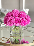 Real Touch Magenta Roses Arrangement in Vase, French Country Artificial Flowers