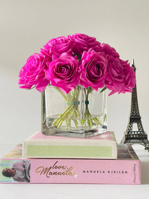 Real Touch Magenta Roses Arrangement in Vase, French Country Artificial Flowers
