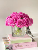 Real Touch Magenta Roses Arrangement in Vase, French Country Artificial Flowers