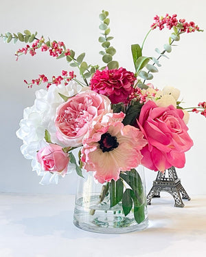 Pink Peonies, Roses, Poppies and Hydrangeas Arrangement Artificial Faux Centerpiece, Floral Decor