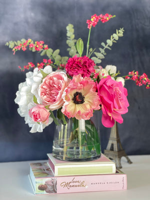 Pink Peonies, Roses, Poppies and Hydrangeas Arrangement Artificial Faux Centerpiece, Floral Decor