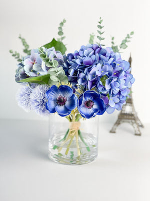 Blue French Country Anemone Thistle Hydrangeas Floral Faux Artificial Arrangement, Centerpiece Floral Flower Decor, Silk, Real Touch Flowers