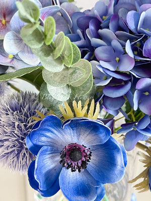 Blue French Country Anemone Thistle Hydrangeas Floral Faux Artificial Arrangement, Centerpiece Floral Flower Decor, Silk, Real Touch Flowers