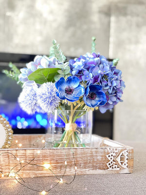 Blue French Country Anemone Thistle Hydrangeas Floral Faux Artificial Arrangement, Centerpiece Floral Flower Decor, Silk, Real Touch Flowers