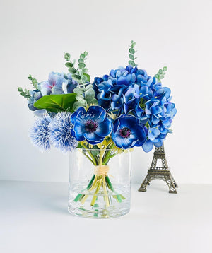 Blue French Country Anemone Thistle Hydrangeas Floral Faux Artificial Arrangement, Centerpiece Floral Flower Decor, Silk, Real Touch Flowers