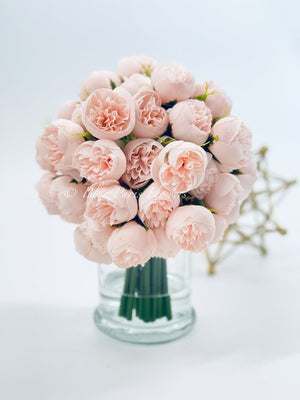 White 54 Smaller Head Peonies, Centerpiece, Faux Flower Arrangement | French Country | Arrangement in Clear Glass Vase | Modern Style