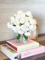 White 54 Smaller Head Peonies, Centerpiece, Faux Flower Arrangement | French Country | Arrangement in Clear Glass Vase | Modern Style