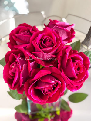 Magenta Large Head Roses Arrangement, Artificial Faux Centerpiece