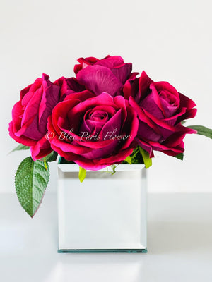 Magenta Large Head Roses Arrangement, Artificial Faux Centerpiece