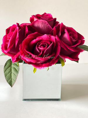Magenta Large Head Roses Arrangement, Artificial Faux Centerpiece