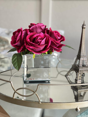 Magenta Large Head Roses Arrangement, Artificial Faux Centerpiece