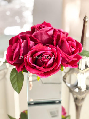 Magenta Large Head Roses Arrangement, Artificial Faux Centerpiece