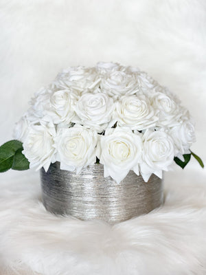 40 Real Touch White Roses Arrangement in Silver Vase, French Country Artificial Flowers, Realistic Faux Floral Home Decor