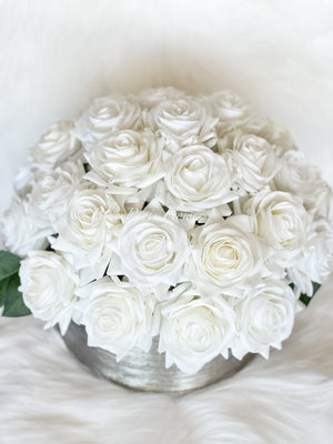 40 Real Touch White Roses Arrangement in Silver Vase, French Country Artificial Flowers, Realistic Faux Floral Home Decor