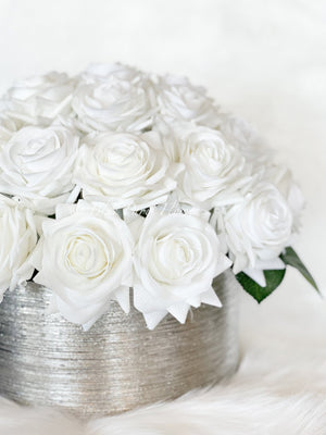40 Real Touch White Roses Arrangement in Silver Vase, French Country Artificial Flowers, Realistic Faux Floral Home Decor