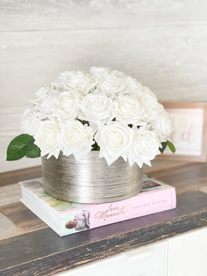 40 Real Touch White Roses Arrangement in Silver Vase, French Country Artificial Flowers, Realistic Faux Floral Home Decor