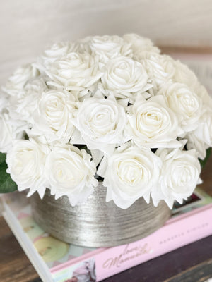 40 Real Touch White Roses Arrangement in Silver Vase, French Country Artificial Flowers, Realistic Faux Floral Home Decor