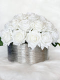 40 Real Touch White Roses Arrangement in Silver Vase, French Country Artificial Flowers, Realistic Faux Floral Home Decor