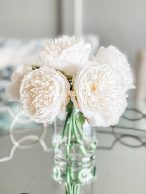 White Rose Peony Arrangement, Artificial Faux Centerpiece, Faux Florals, Silk Flowers in Glass Vase by Blue Paris