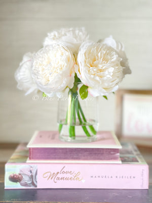 White Rose Peony Arrangement, Artificial Faux Centerpiece, Faux Florals, Silk Flowers in Glass Vase by Blue Paris