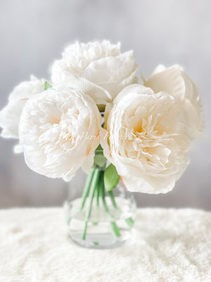 White Rose Peony Arrangement, Artificial Faux Centerpiece, Faux Florals, Silk Flowers in Glass Vase by Blue Paris