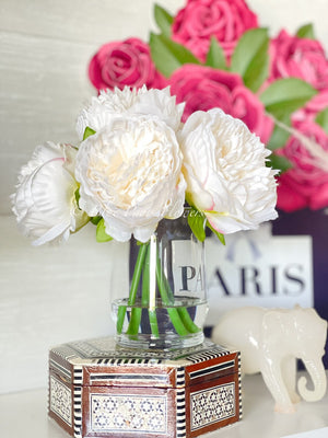 White Rose Peony Arrangement, Artificial Faux Centerpiece, Faux Florals, Silk Flowers in Glass Vase by Blue Paris