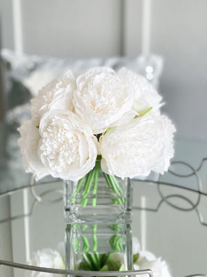 White Rose Peony Faux Arrangement in Glass Vase | Blue Paris