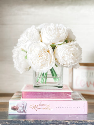 White Rose Peony Faux Arrangement in Glass Vase | Blue Paris