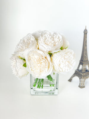 White Rose Peony Faux Arrangement in Glass Vase | Blue Paris