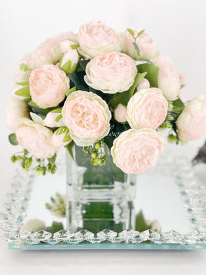 Baby Pink Rose Peony Arrangement, Artificial Faux Centerpiece, Faux Florals, Silk Flowers in Glass Vase by Blue Paris