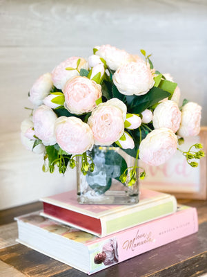 Baby Pink Rose Peony Arrangement, Artificial Faux Centerpiece, Faux Florals, Silk Flowers in Glass Vase by Blue Paris