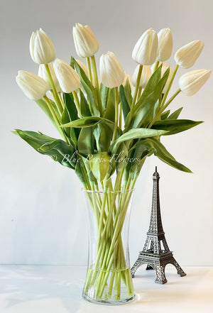 20” White Real Touch Tulips Modern Arrangement Centerpiece | Real Touch Artificial Faux Forever Flowers
