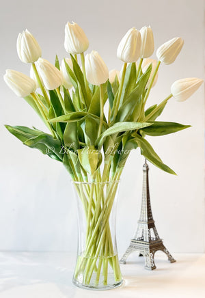 20” White Real Touch Tulips Modern Arrangement Centerpiece | Real Touch Artificial Faux Forever Flowers