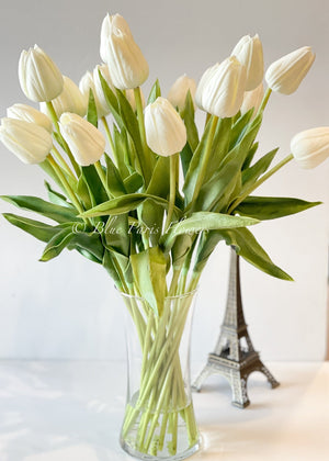 20” White Real Touch Tulips Modern Arrangement Centerpiece | Real Touch Artificial Faux Forever Flowers