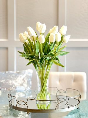 20” White Real Touch Tulips Modern Arrangement Centerpiece | Real Touch Artificial Faux Forever Flowers