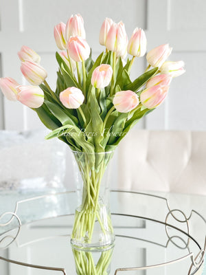20” Blush Pink Real Touch Tulips Modern Arrangement Centerpiece | Real Touch Artificial Faux