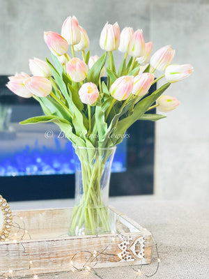 20” Blush Pink Real Touch Tulips Modern Arrangement Centerpiece | Real Touch Artificial Faux